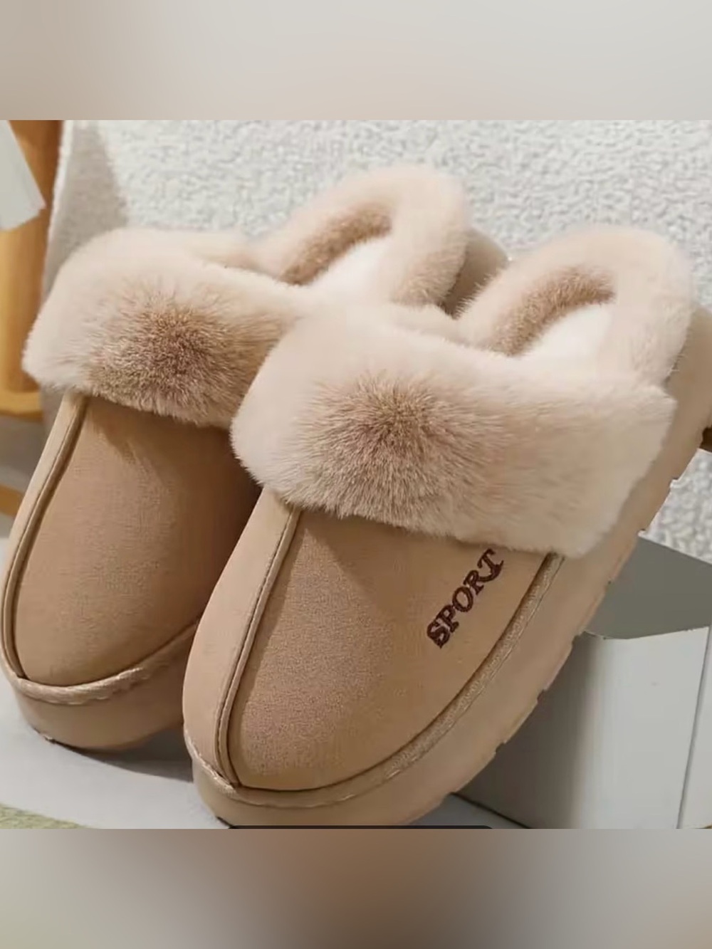 Women's Plush Slip-On Mules - Beige